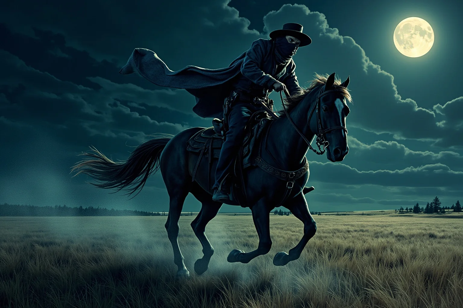 Hilarious Slang Terms From The Wild West 27 A masked figure leading a stolen horse away at night, moonlit prairie, tense illustrated western scene