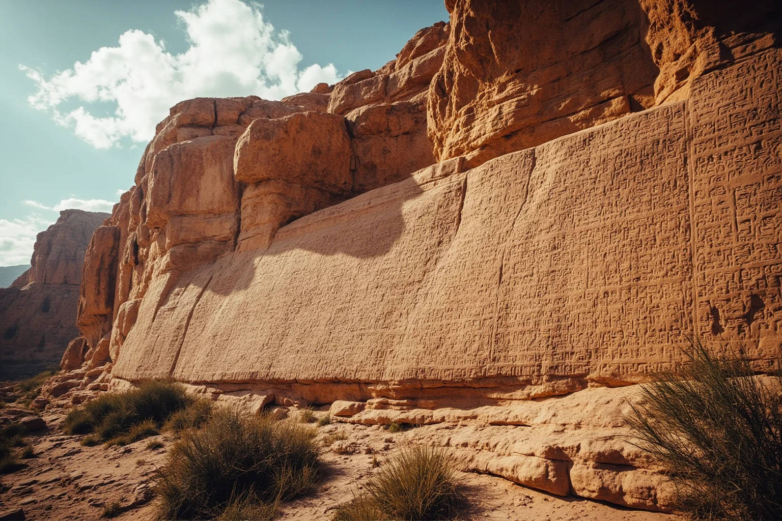 25 Captivating Facts About the Persian Empire 18 A massive cliffside inscription carved with ancient cuneiform script high above a rocky landscape