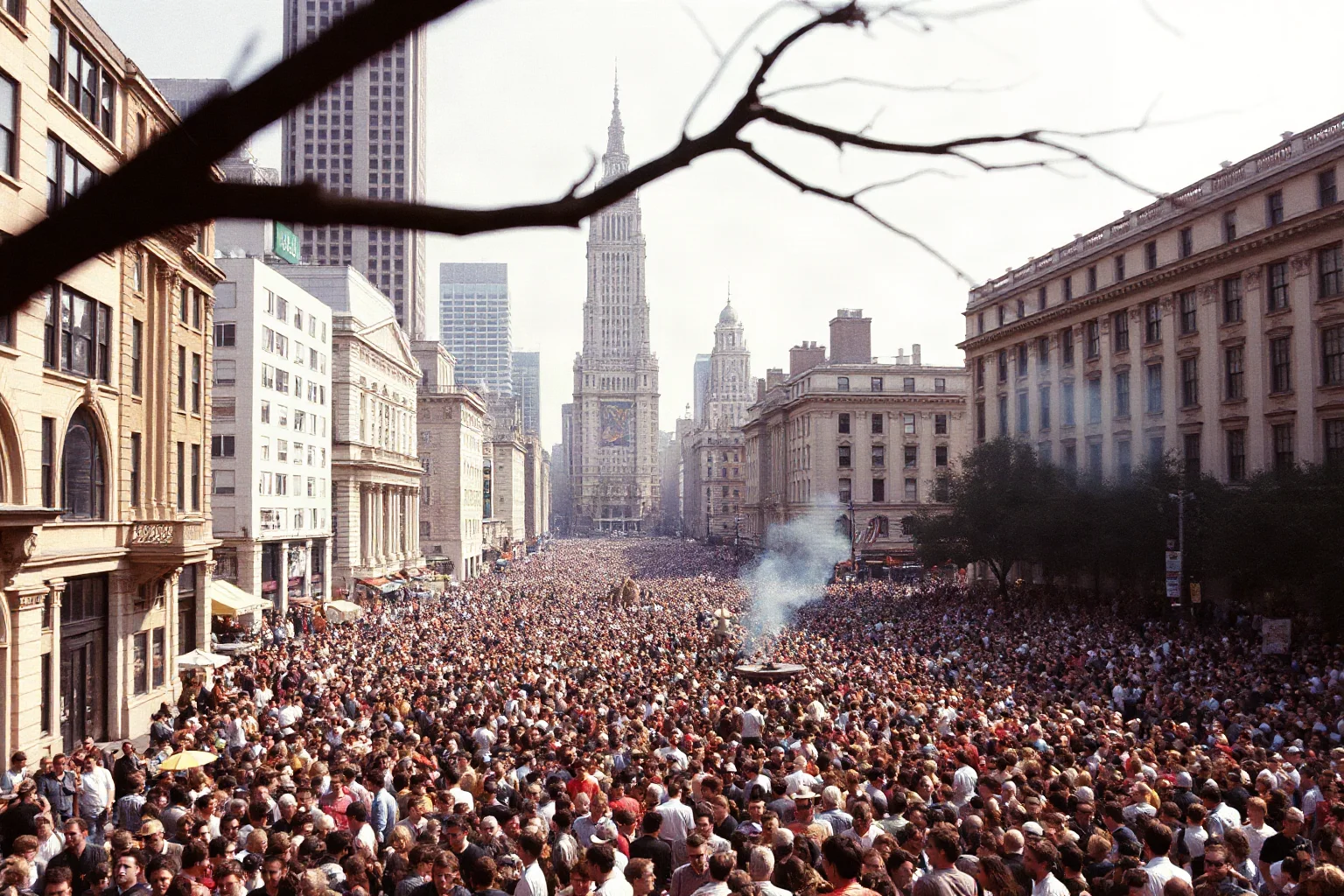 A massive crowd filling a wide city square beneath tall buildings, late-1970s atmosphere