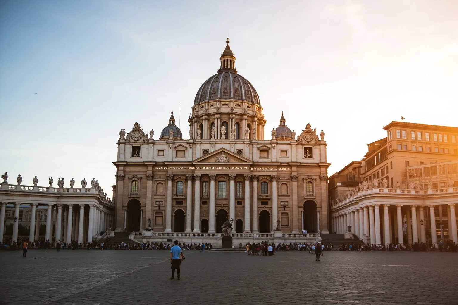 A massive domed basilica facade with a colonnaded piazza in front, viewed from a distance at golden hour