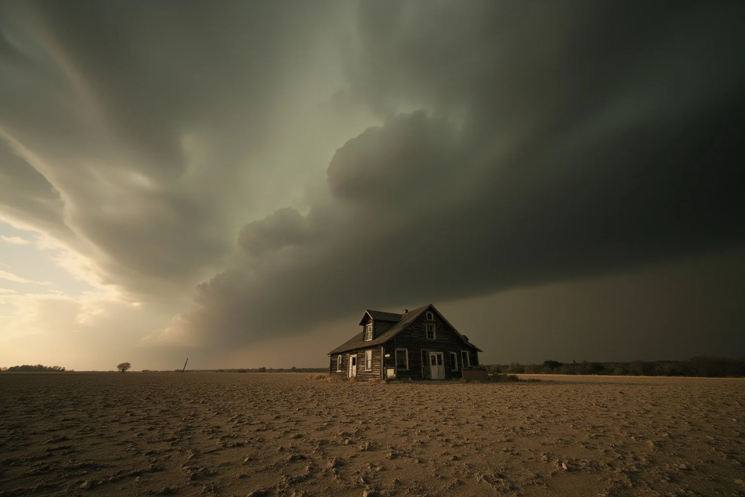 A massive dust storm rolling over an abandoned 1930s farmhouse and dry cracked fields