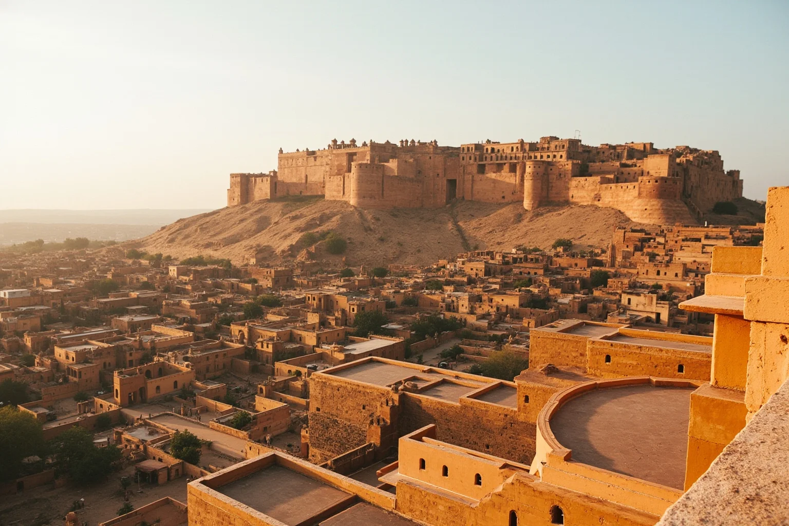 A massive golden sandstone desert fortress rising above a historic Indian city
