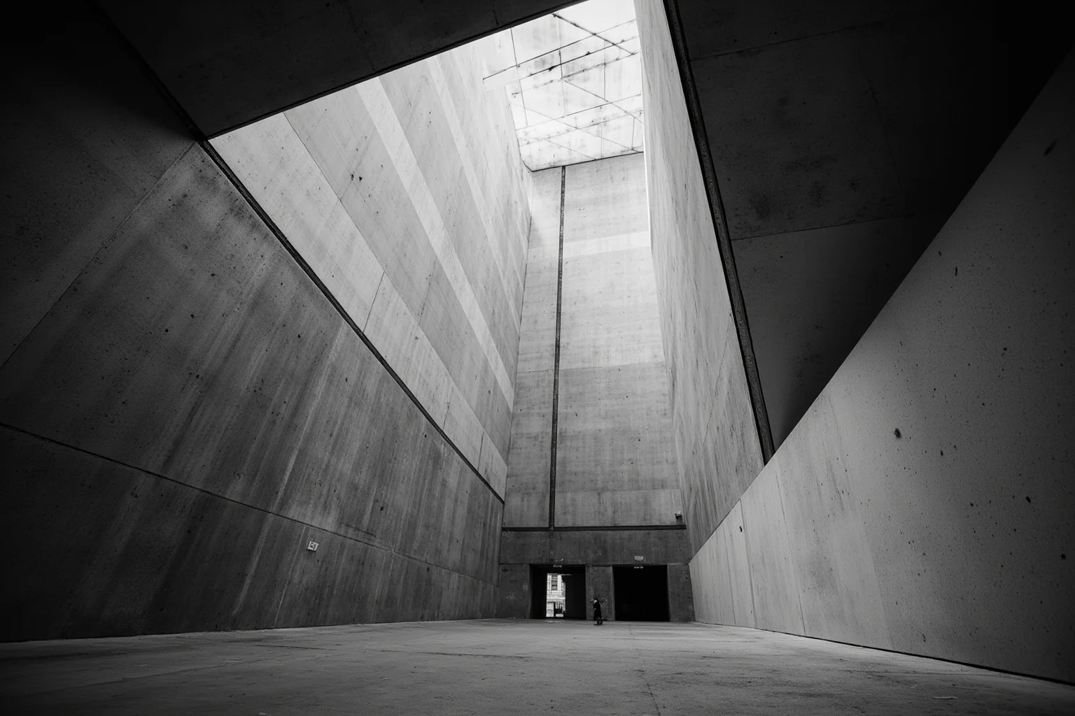 A massive gray concrete retaining wall exposed and lit dramatically inside a museum hall