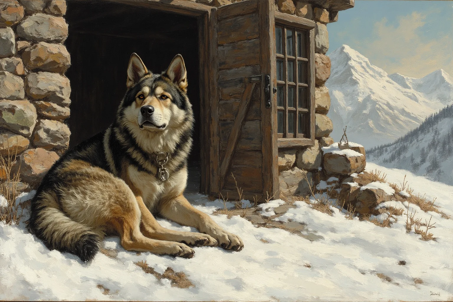 Pooches of the Past: 23 Extinct Dog Breeds and Their Stories 7 A massive heavy-boned mountain dog resting outside a stone alpine hospice building in the snow, historical painting style