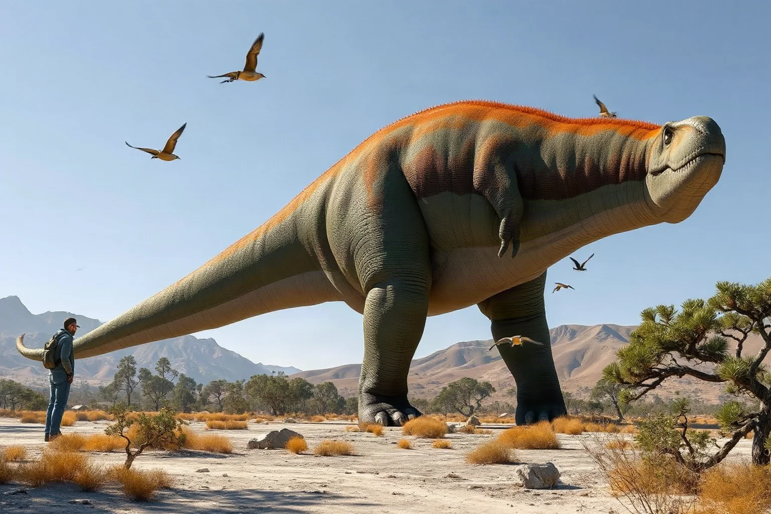 A massive long-necked Argentinosaurus towering over a Late Cretaceous landscape