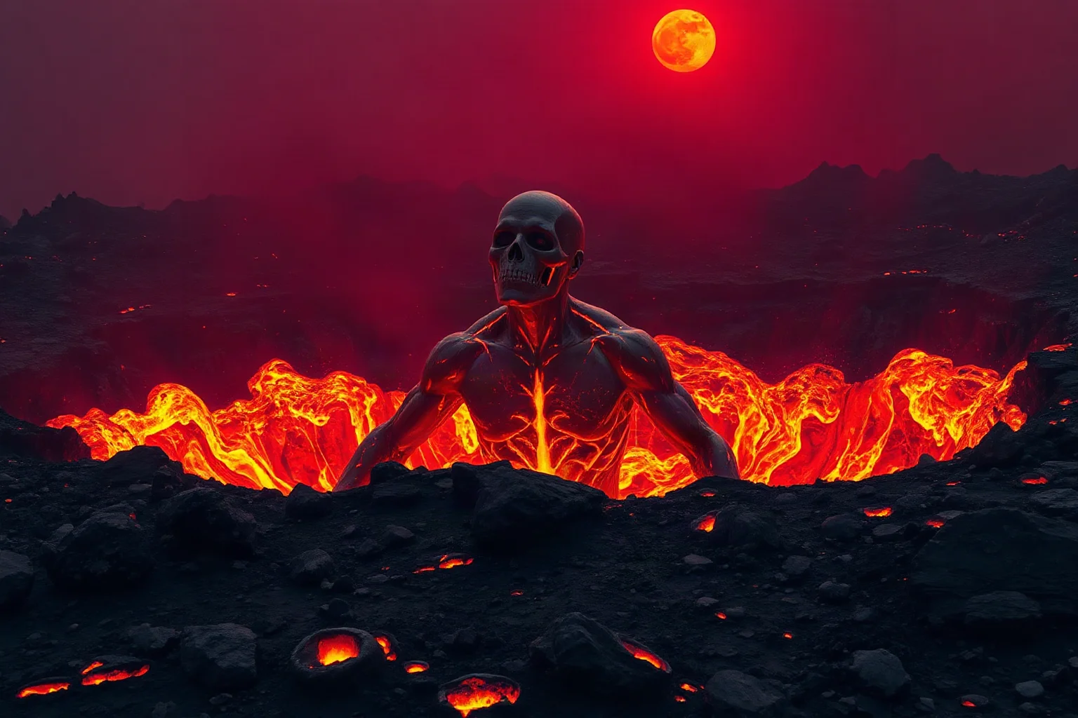 A massive molten humanoid figure stirring within the glowing crater of an active volcano