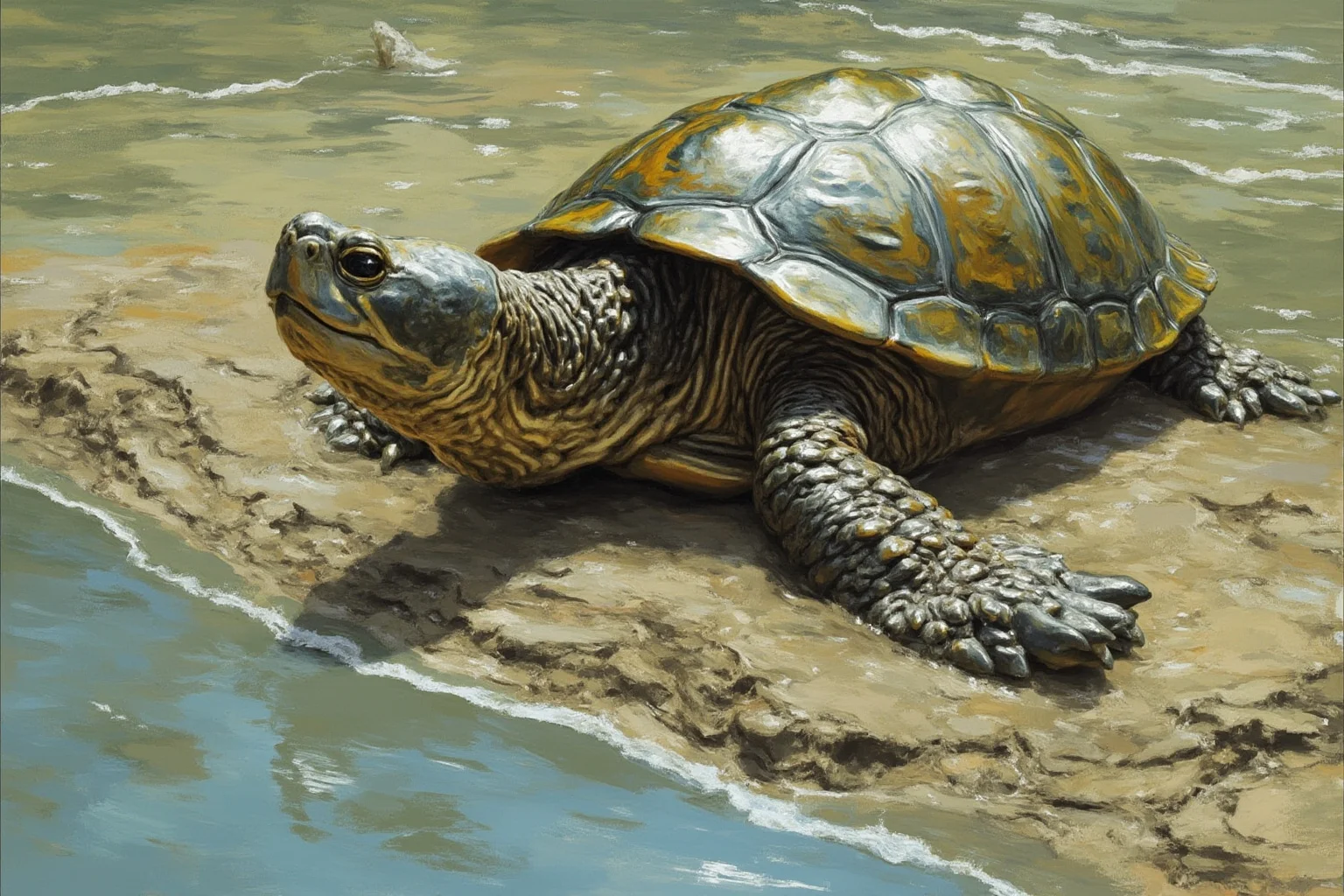 Recently Extinct Animals: A Complete List From the Last 10–20 Years 12 A massive soft-shelled river turtle swimming near the muddy bottom of a wide river, illustrative wildlife art style
