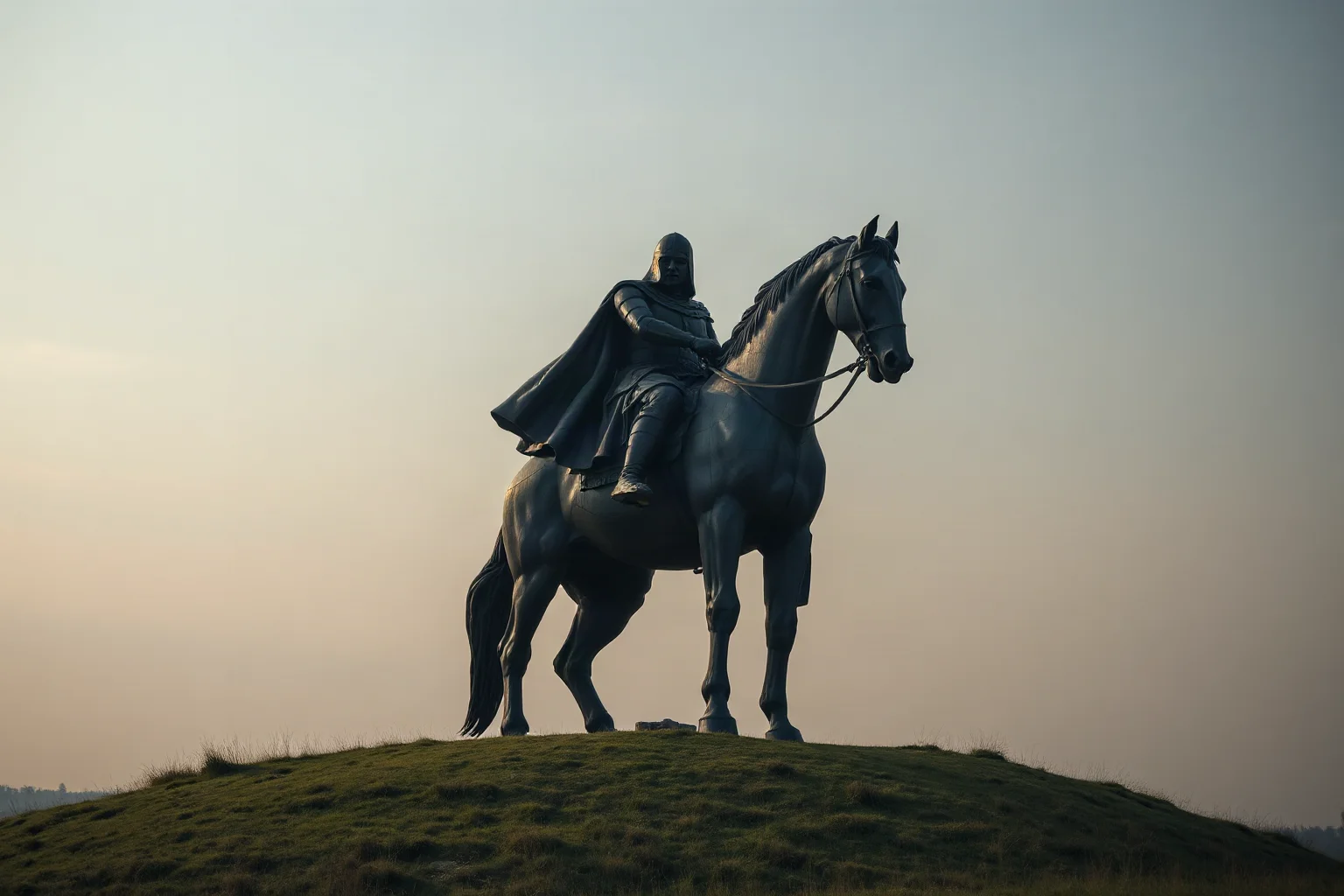 A massive steel statue of a robed warrior on horseback rising above open grassland