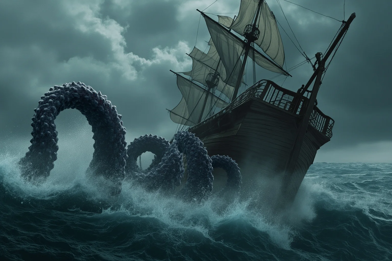 Myths That Defined Cultures: 20 Legends Born From True Events 19 A massive tentacled sea creature rising beside a wooden sailing ship in a stormy ocean