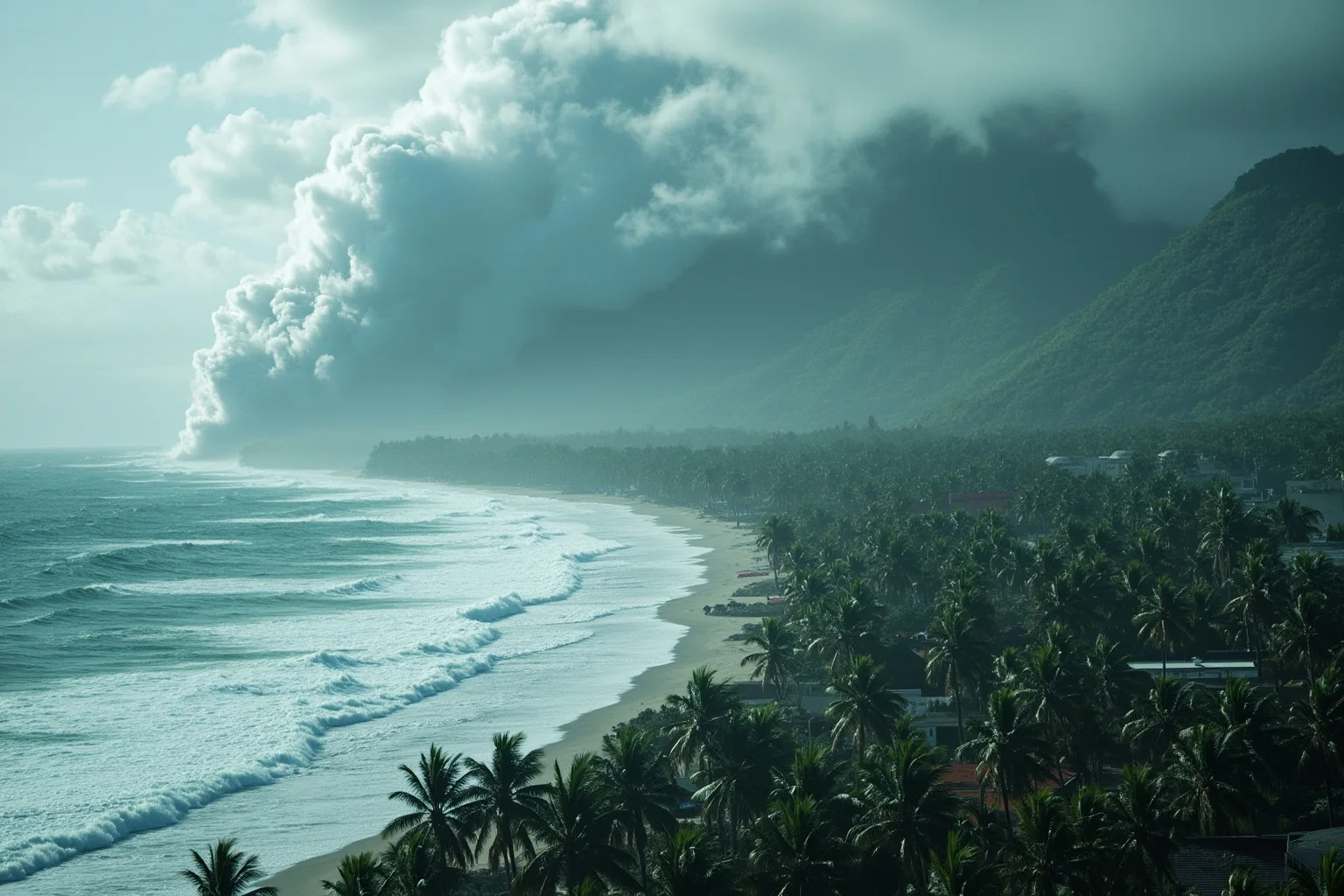 A massive tsunami wave approaching a tropical coastline lined with palm trees and small buildings