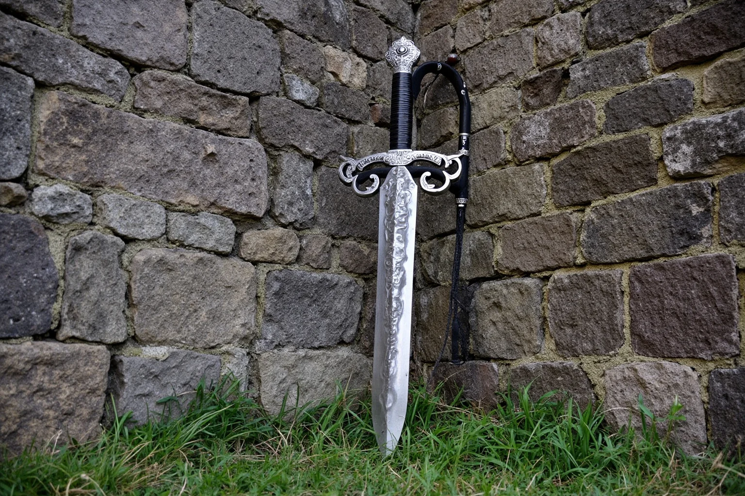A massive two-handed Scottish Highland sword resting against a stone castle wall