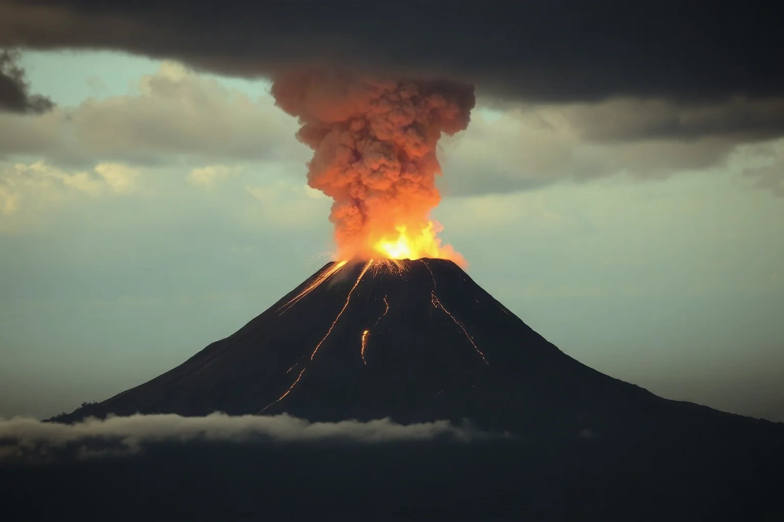 A massive volcanic eruption spewing ash into a darkened sky above a tropical island, glowing lava at the base
