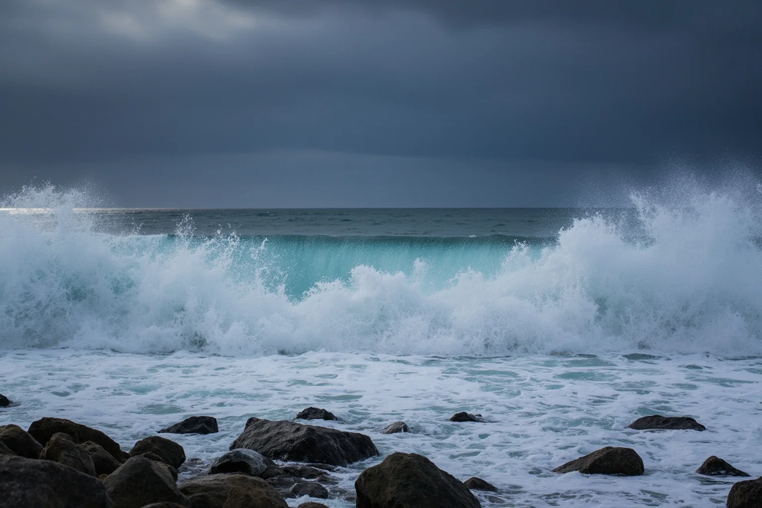 A massive wall of ocean water rising near a rocky shoreline, dark storm clouds above