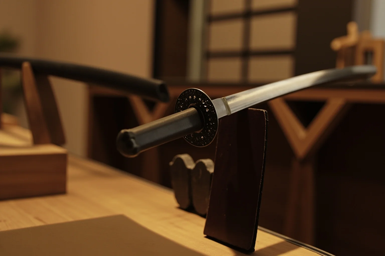 A masterfully crafted curved Japanese katana on a wooden stand in a traditional dojo setting