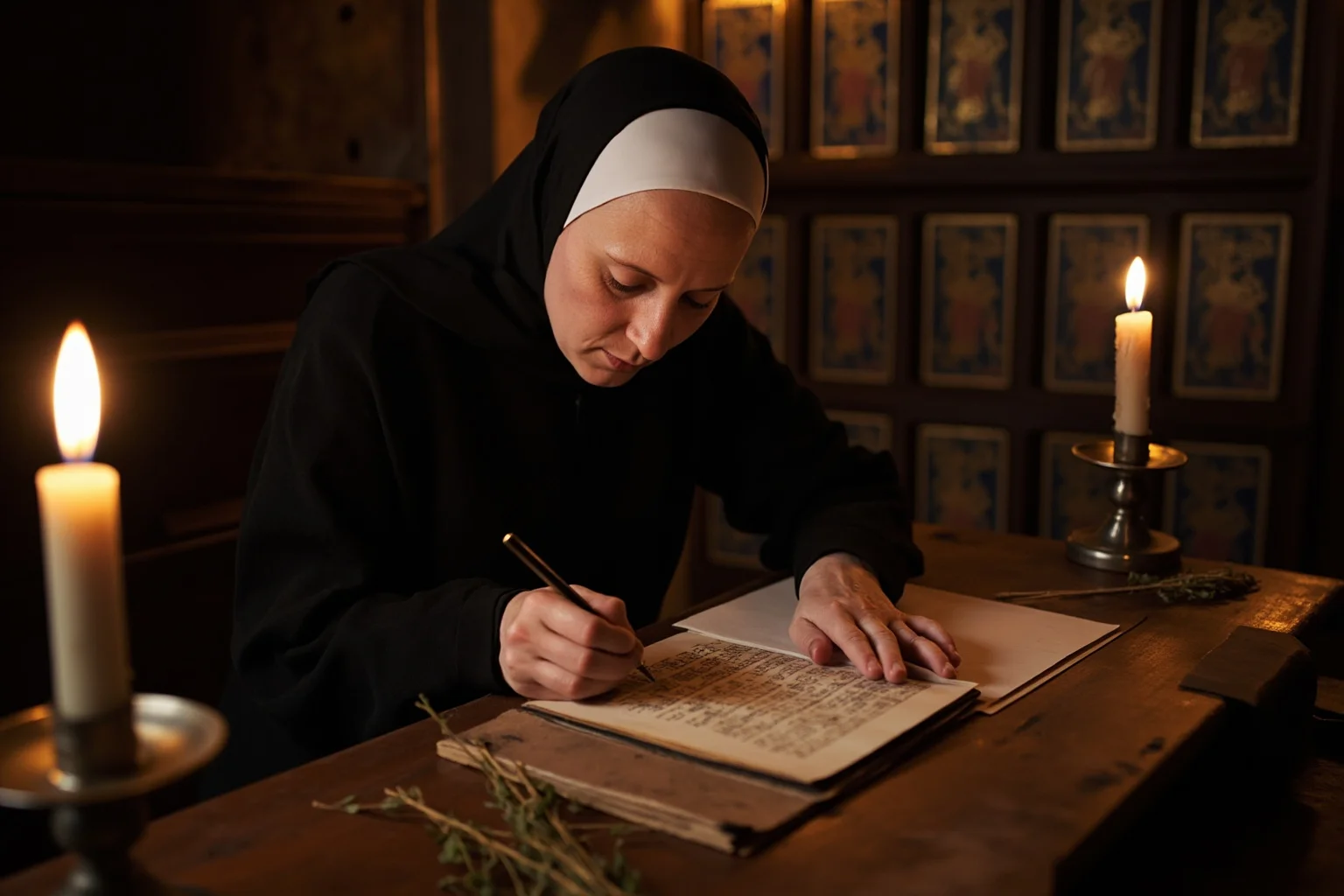 A medieval abbess writing at a wooden desk in a candlelit scriptorium, illuminated manuscripts and herbs nearby, medieval European style