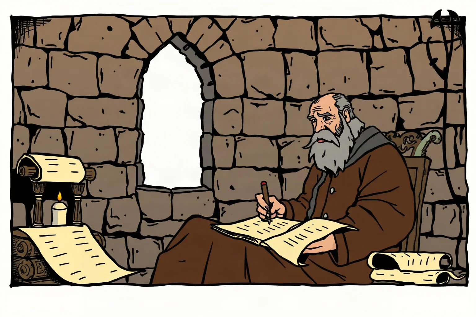 A medieval abbot writing in a stone abbey study, parchment scrolls around him, historical illustration style