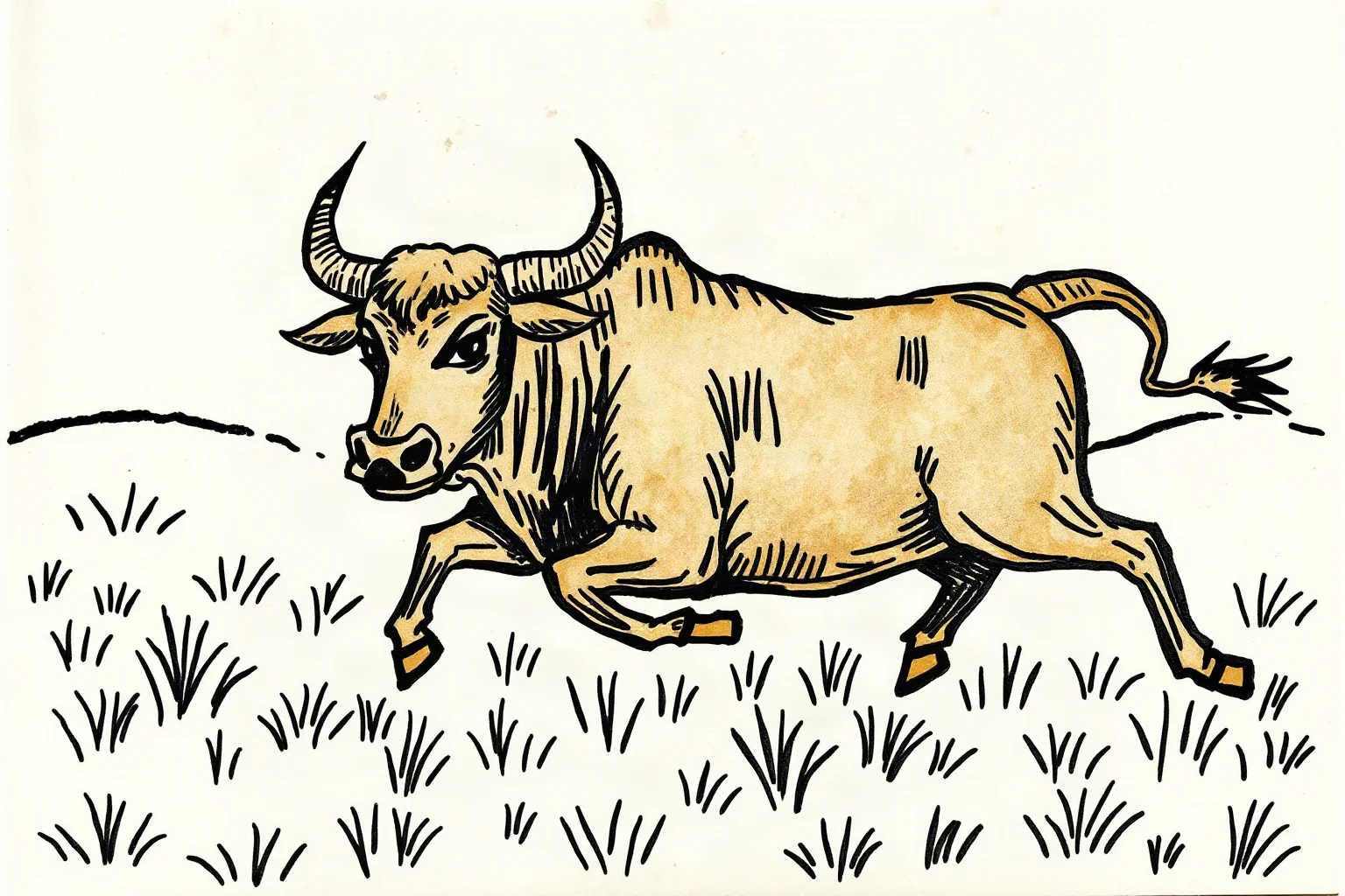 A medieval bestiary-style illustration of a bull with inward-curling horns fleeing across a field