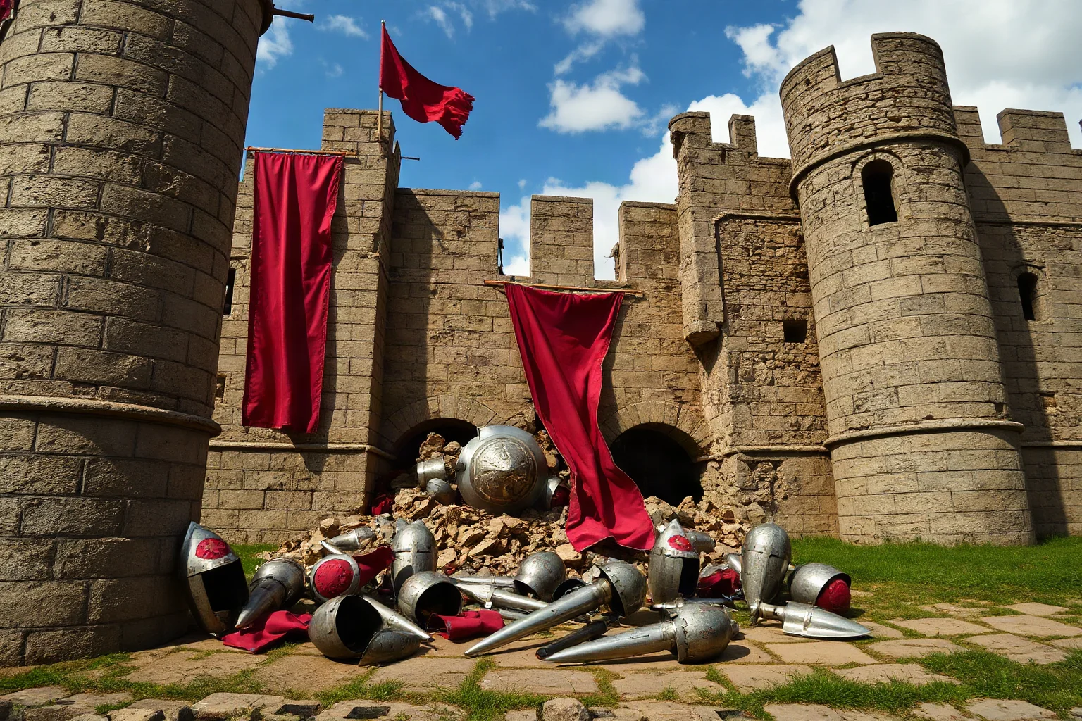 A medieval castle wall breach with tattered banners and scattered armor pieces
