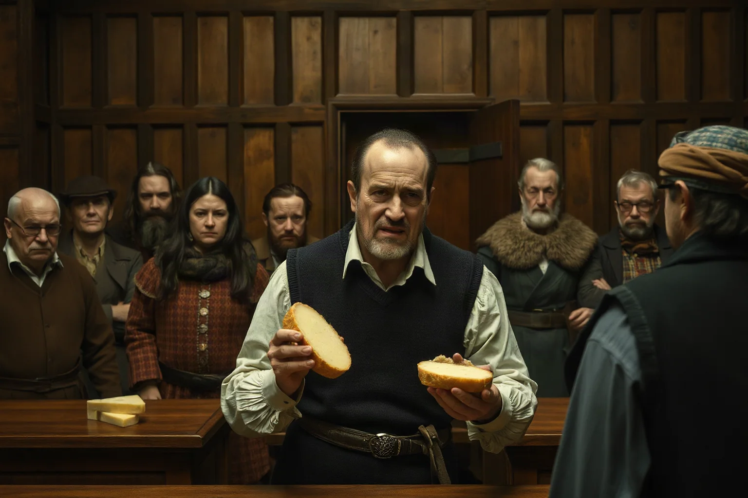 A medieval courtroom scene with a suspect nervously holding a piece of bread and cheese before onlookers