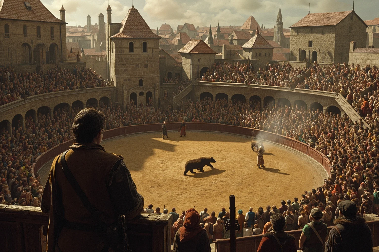 A medieval crowd gathered around a bear-baiting arena in a town square, viewed from a respectful distance