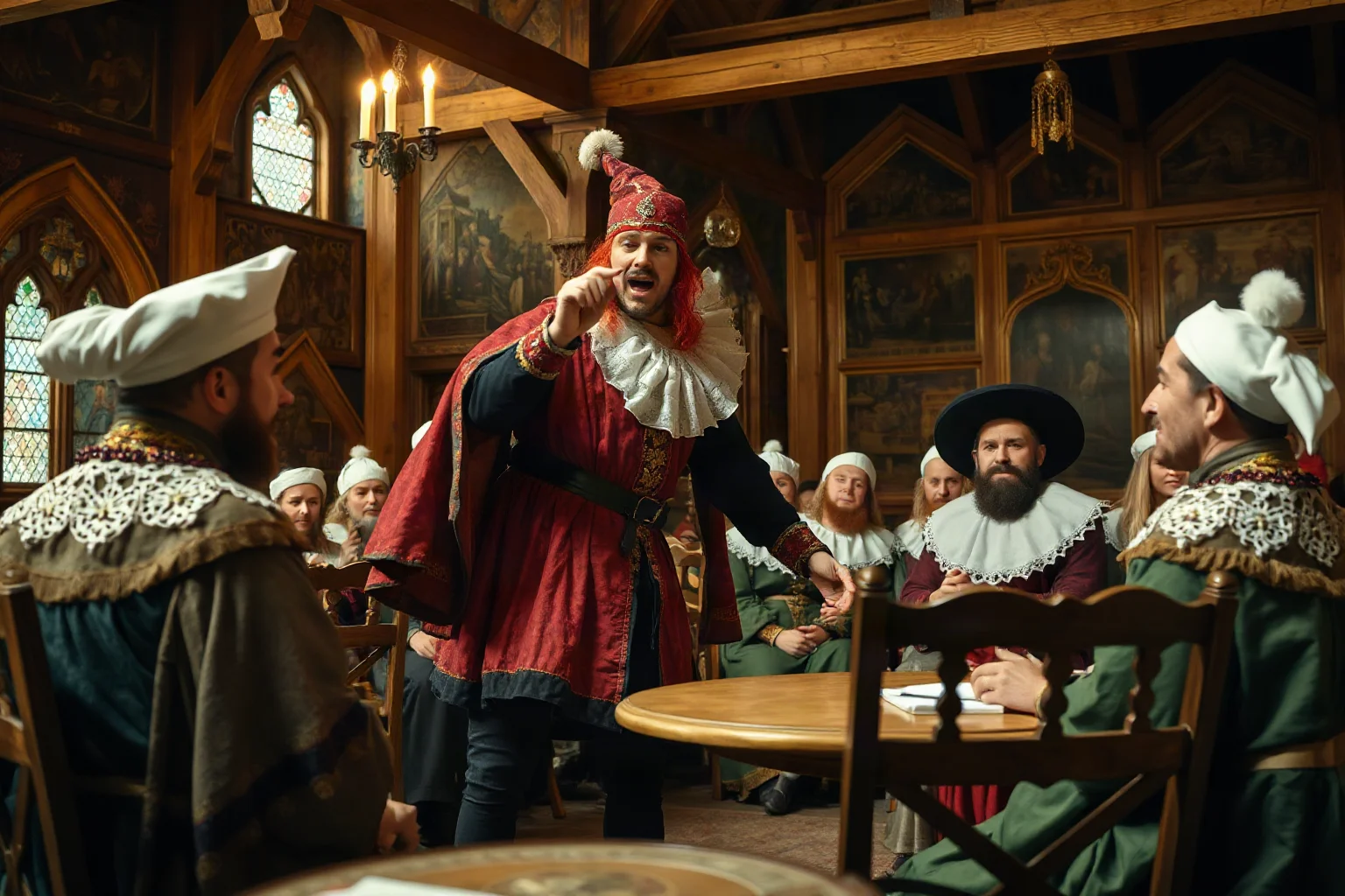 A medieval English court fool pulling a mischievous prank on courtiers in a castle great hall