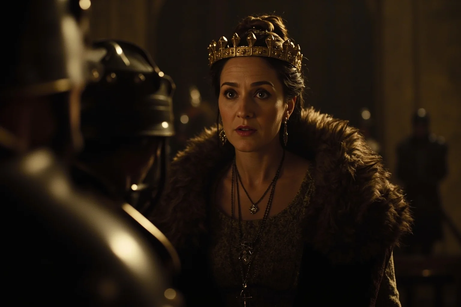 Wars Started By Women: The Rebel Queens Who Changed History 12 A medieval English queen in a fur-trimmed gown addressing armored knights inside a stone castle hall