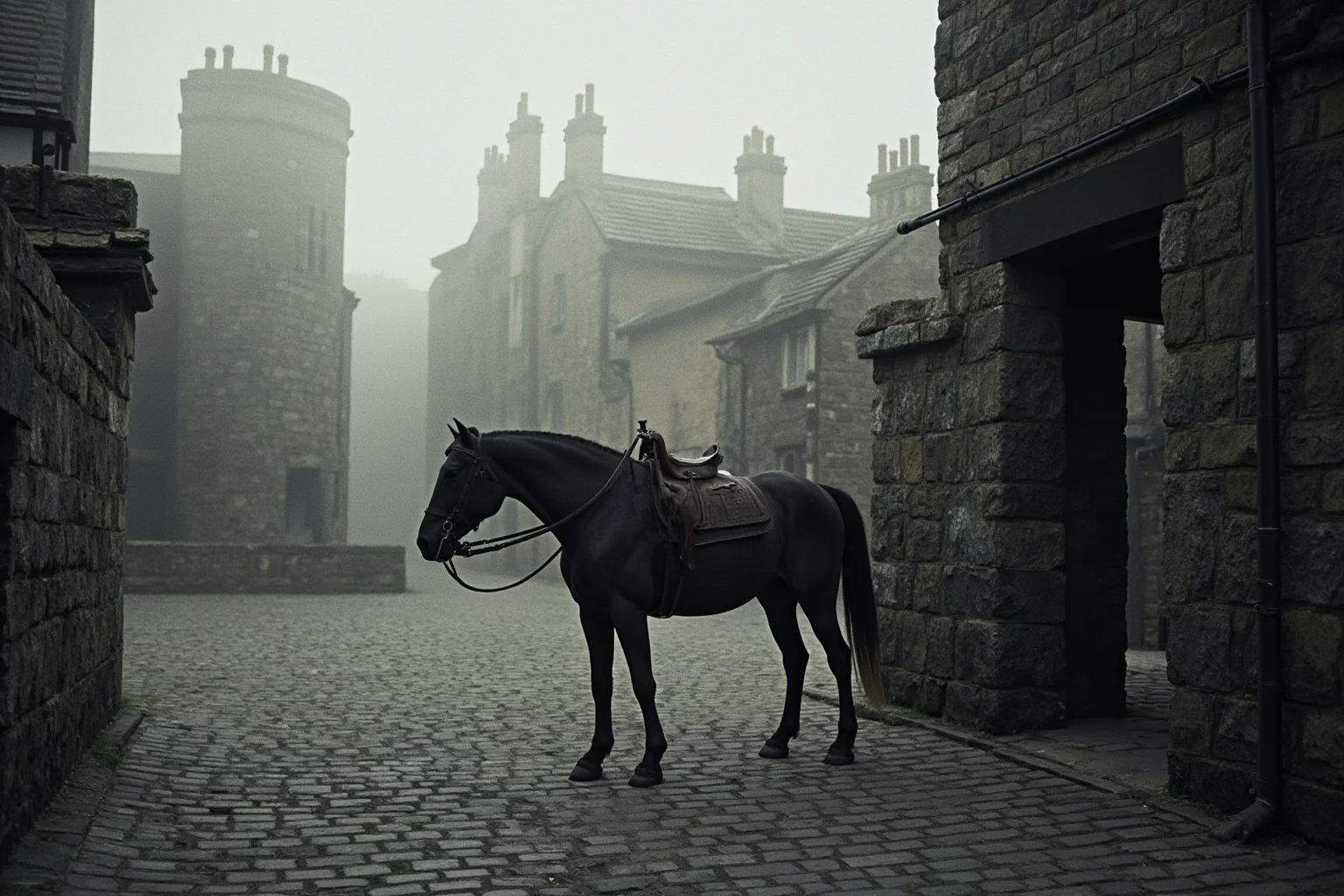A medieval English town square with a horse standing riderless near stone buildings, misty atmosphere