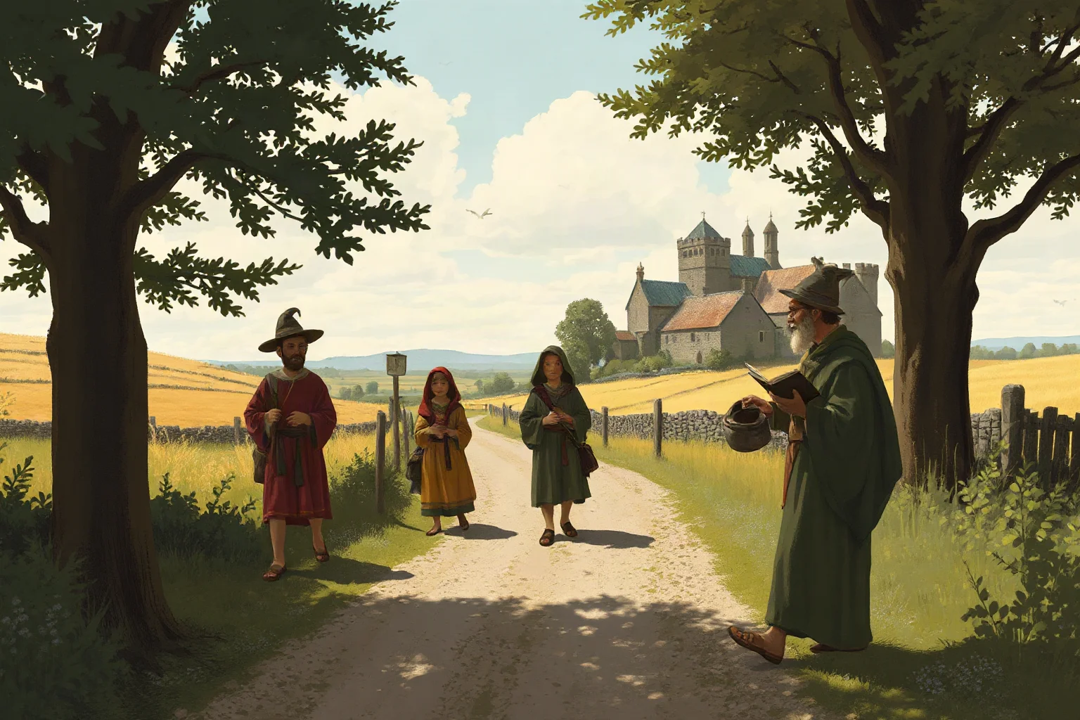 A medieval English writer among pilgrims on a countryside road, illustrative style