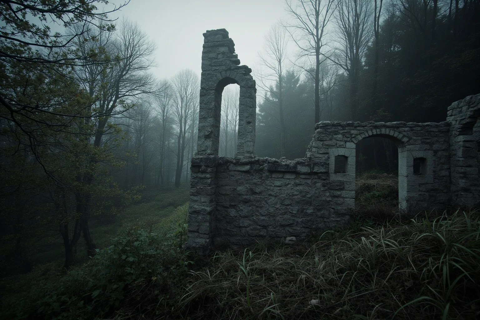 A medieval European forest scene with old stone ruins, misty atmosphere