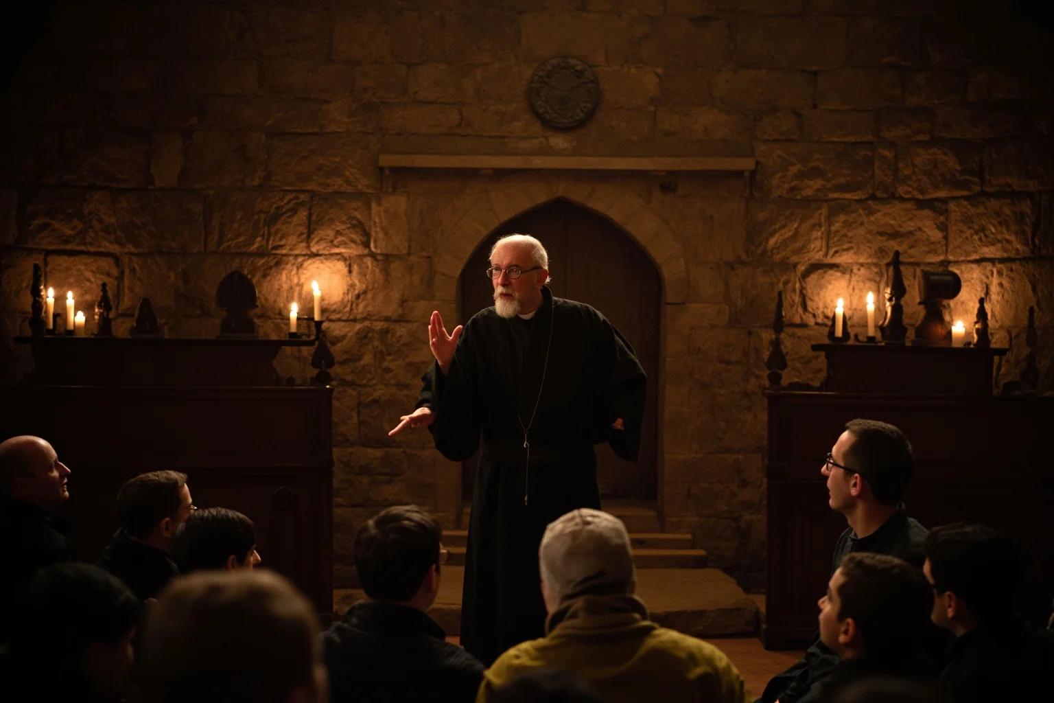 Philosophers Everyone's Heard Of, and 20 Everyone Forgot About 7 A medieval European scholar in monk-like robes teaching an attentive circle of students in a candlelit stone hall
