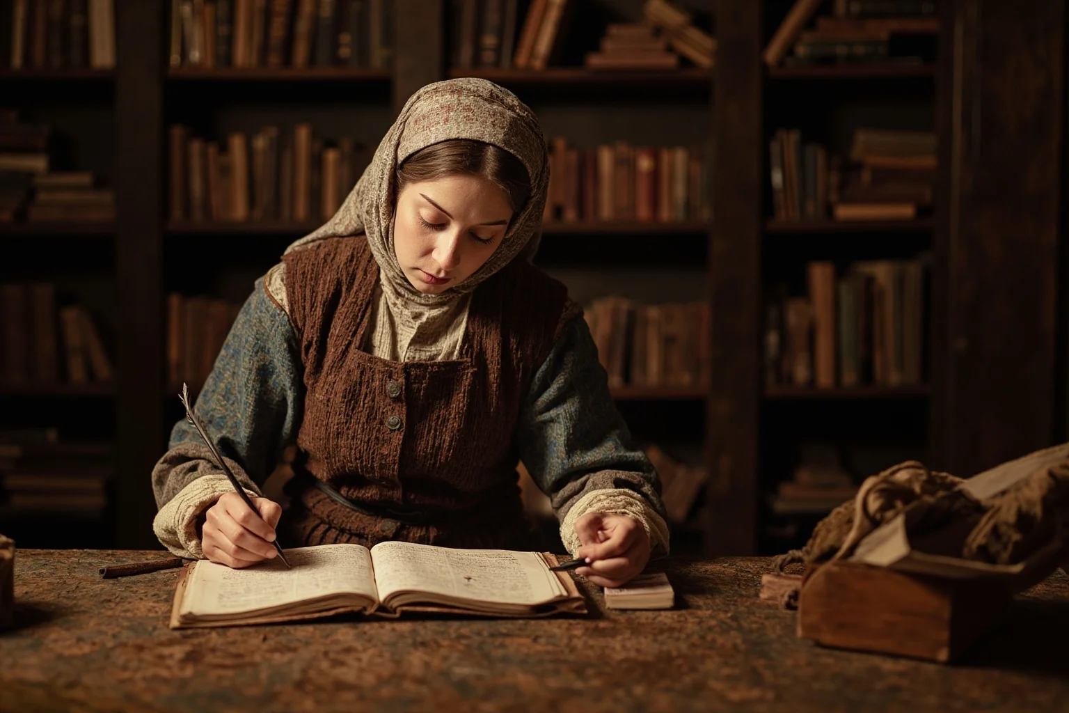 A medieval European woman writer in a book-filled study, quill in hand, illustrating manuscripts, 15th-century illustrative style