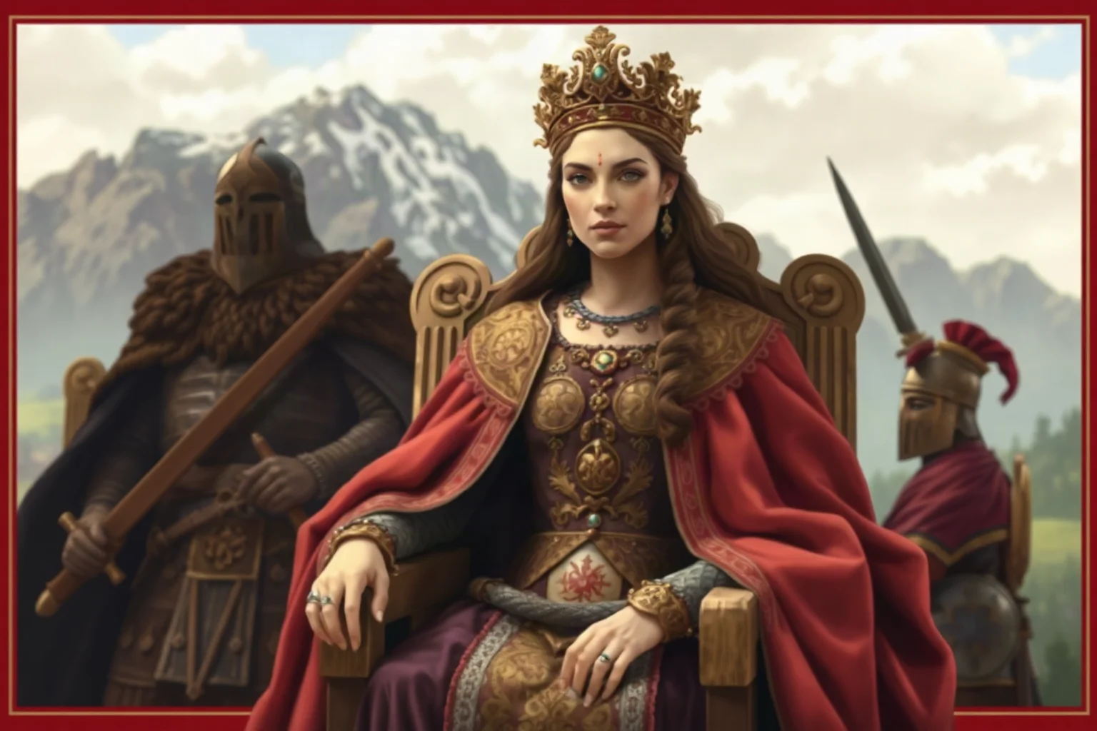 A medieval Georgian queen enthroned in ornate royal robes with soldiers and mountains in the background, historical illustration