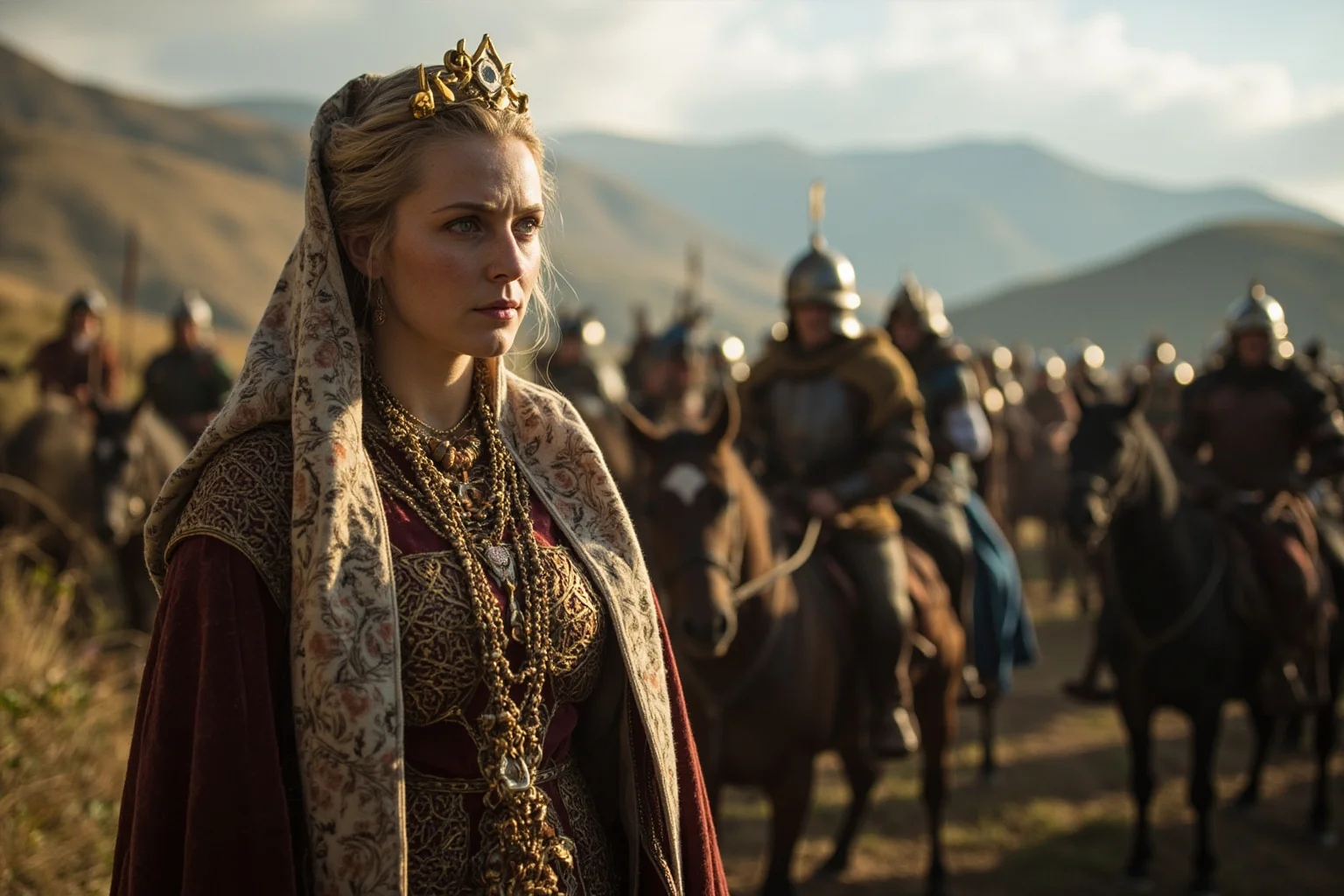 Wars Started By Women: The Rebel Queens Who Changed History 10 A medieval Georgian queen in Byzantine-style royal robes standing before mounted knights on a mountainous battlefield