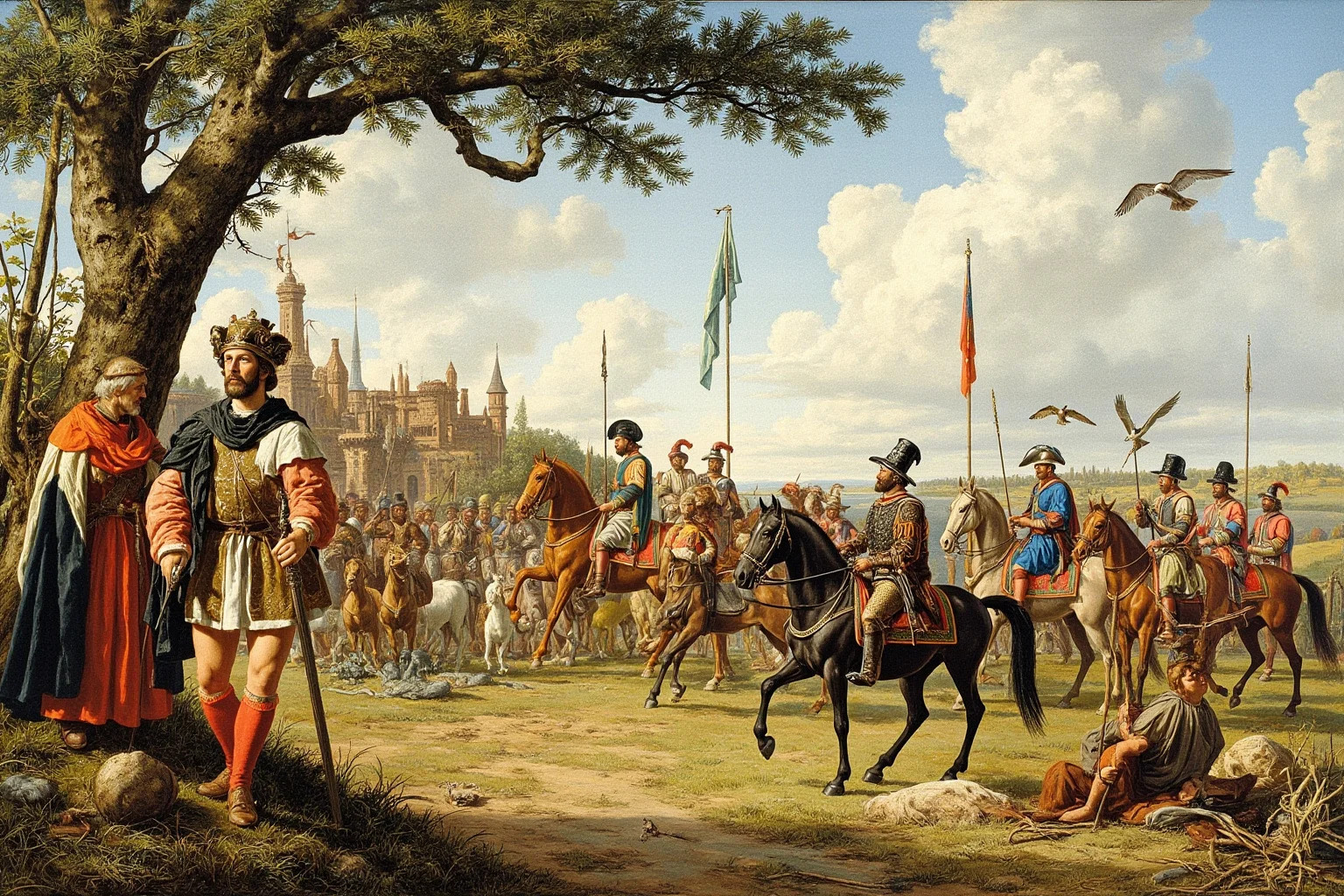 A medieval German king pausing outdoors near falconry equipment as messengers approach on horseback, illustrative painting style