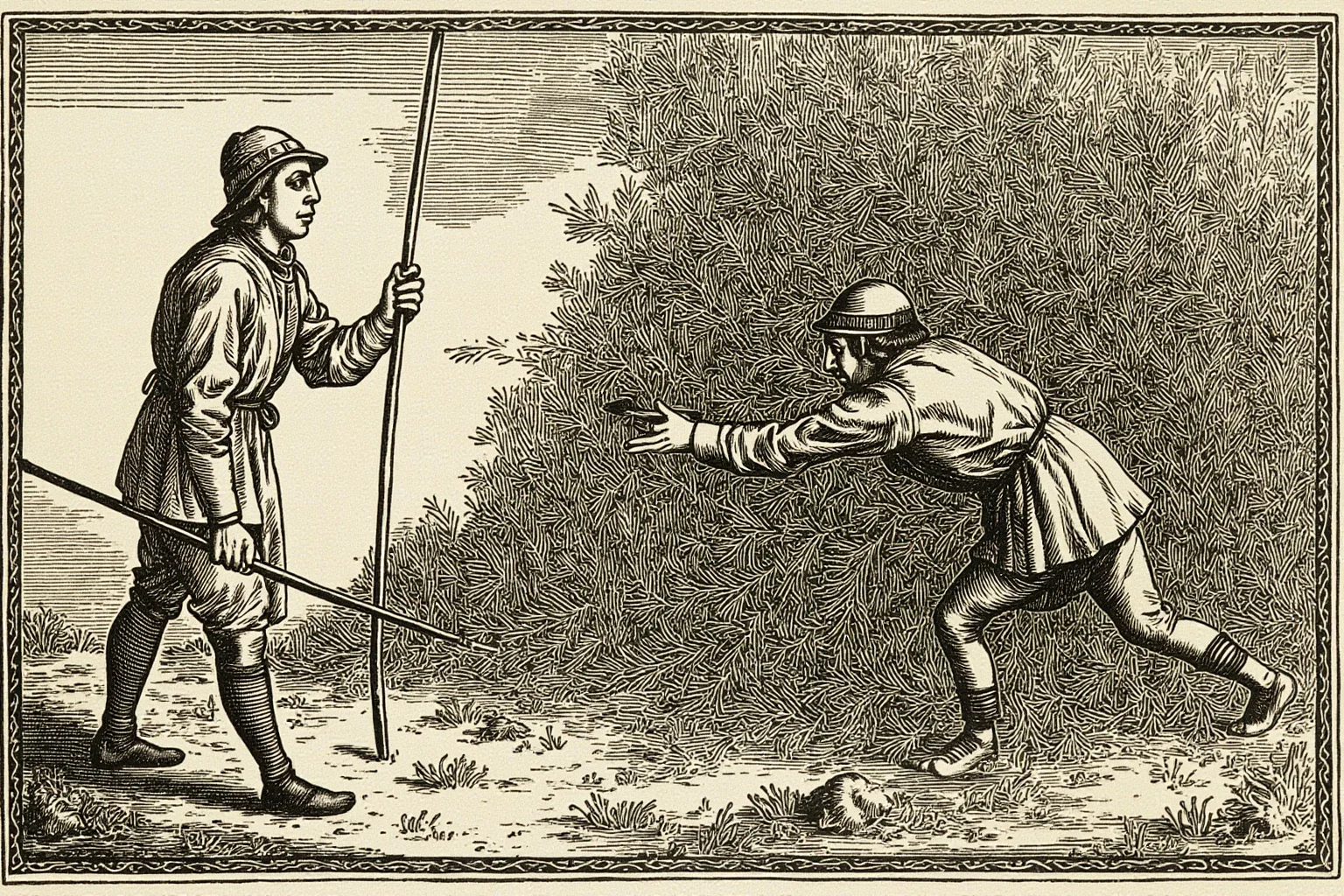 A medieval hunter waiting near dense bushes while another beats the branches with a stick, illustrating 'beat around the bush'