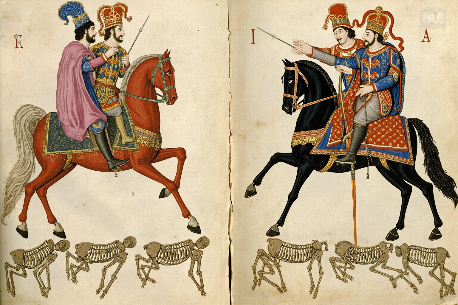 22 Creepiest Pieces of Medieval Art (And the Strange History Behind Them) 3 A medieval illuminated manuscript page showing three richly dressed noblemen on horseback facing three decaying skeletal corpses