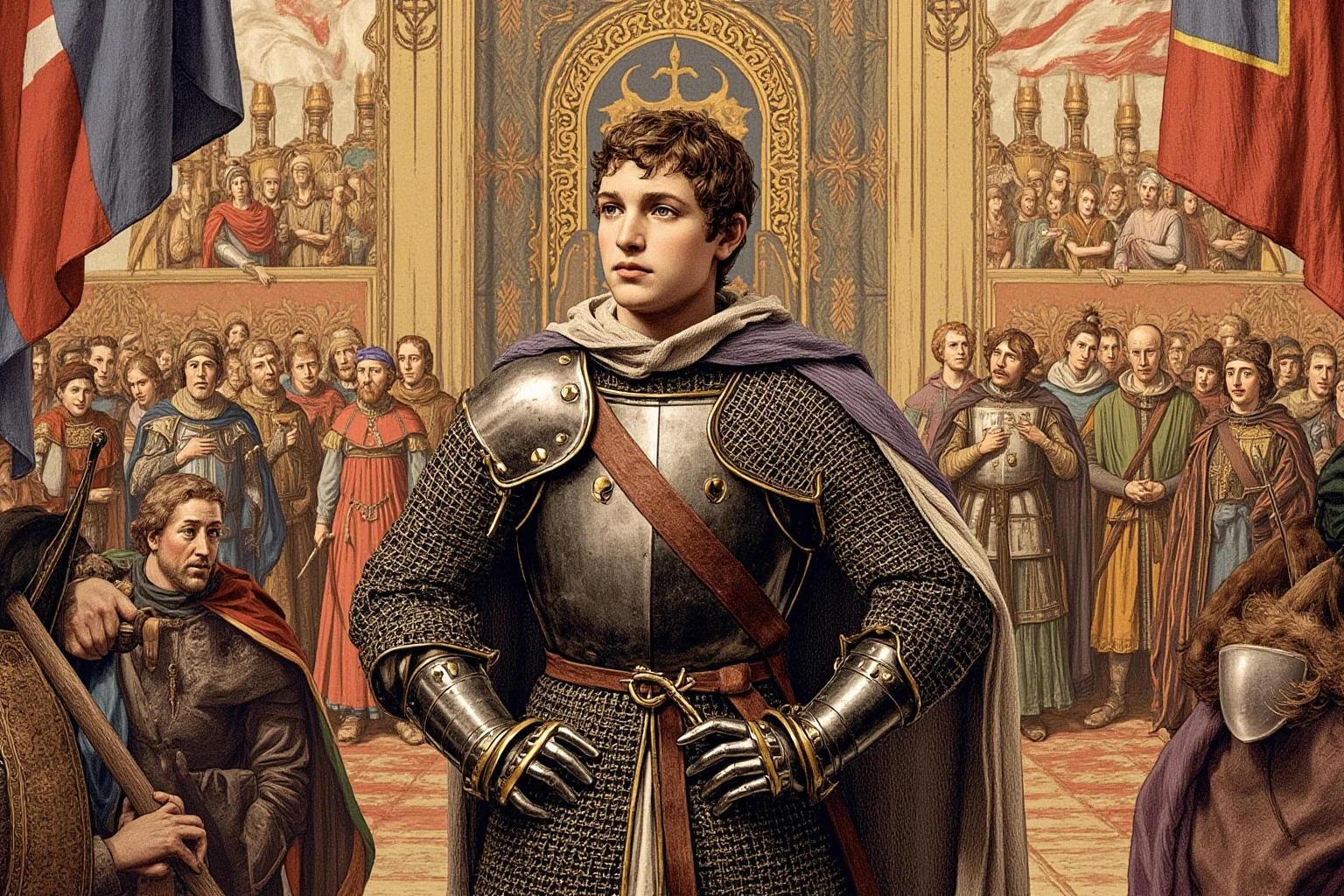 A medieval illustration of a young nobleman in armor standing before a European royal court, banners in the background