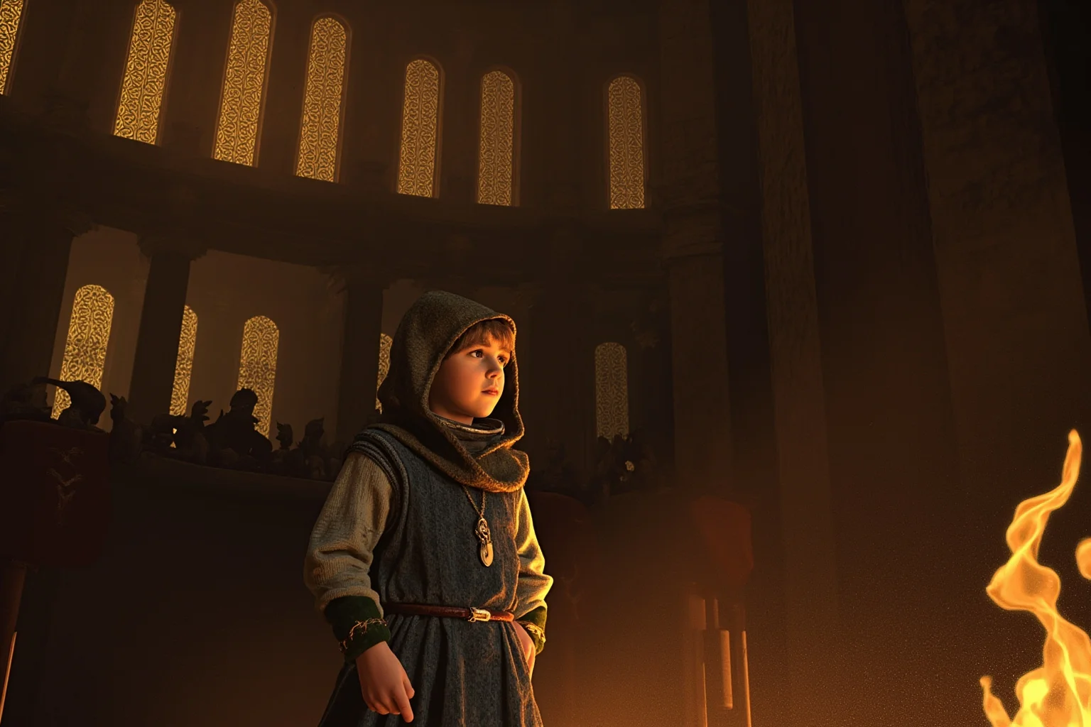 20 of the Most Mysterious People in History 10 A medieval illustration of a young pretender in royal-style clothing standing before a European court, dramatic torchlight