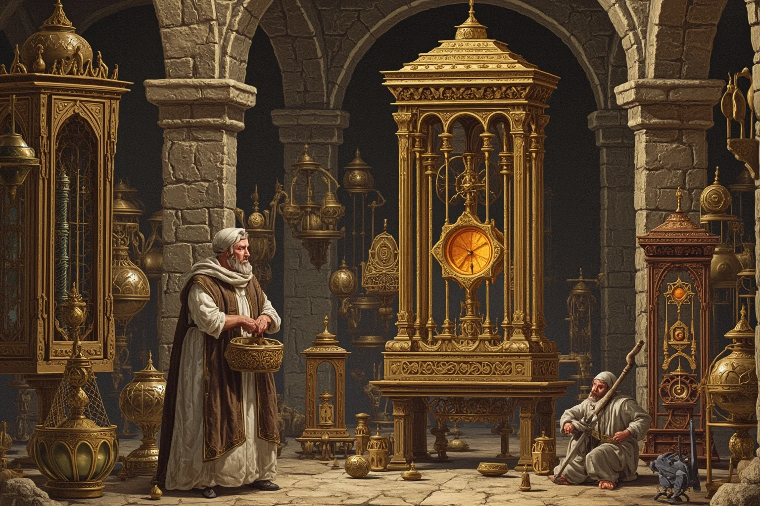 A medieval Islamic engineer surrounded by intricate mechanical water clocks and automata in a stone workshop, detailed illustration