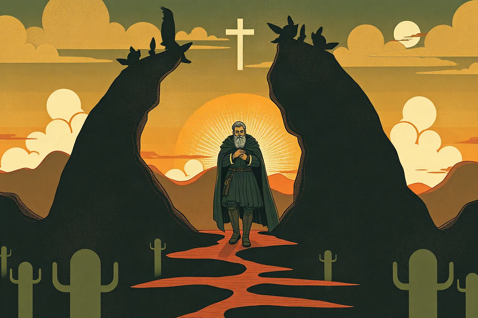 A medieval Italian poet walking through a stylized layered landscape representing heaven and the underworld, illustrative style