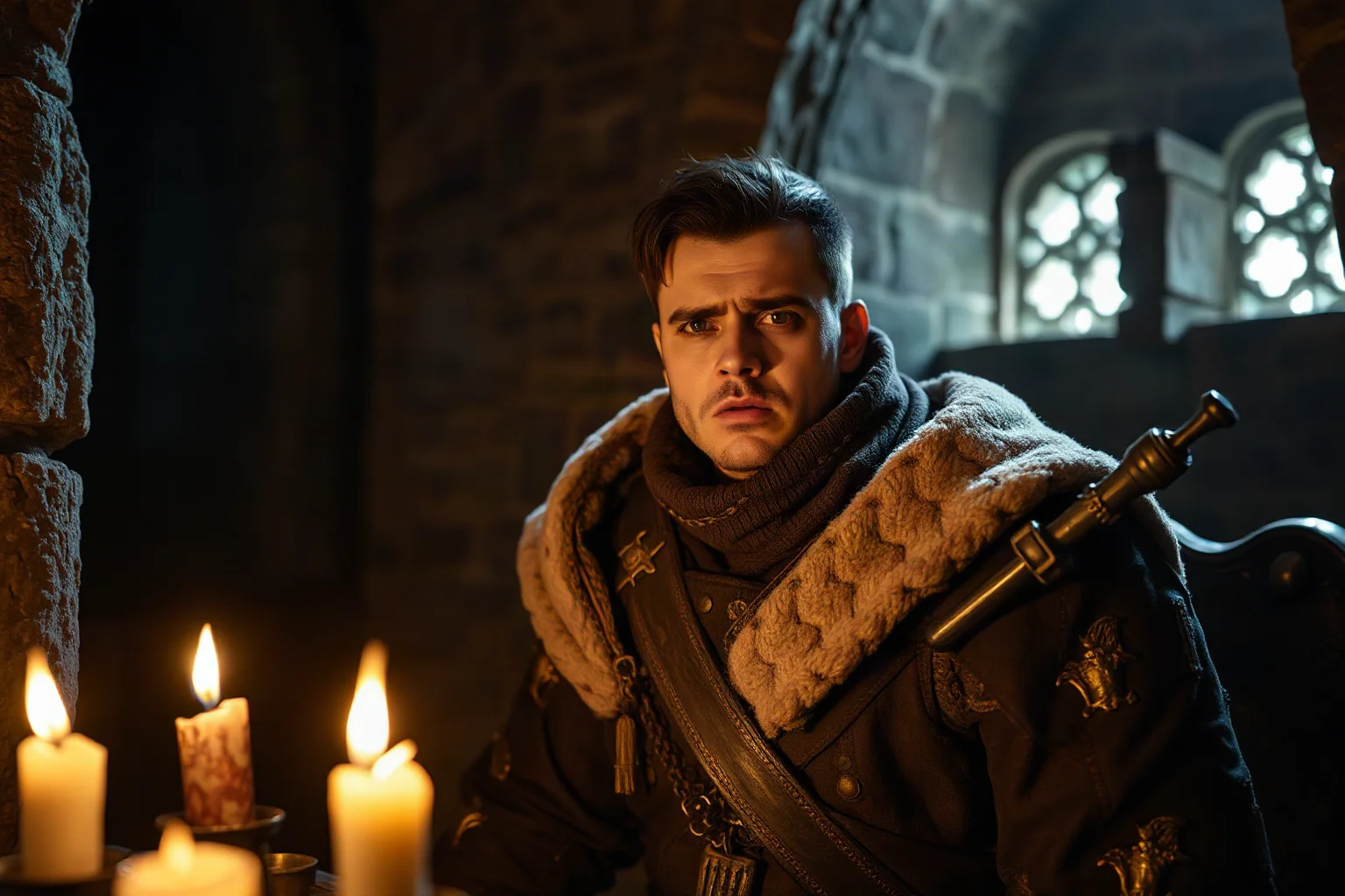 A medieval king in a candle-lit stone chamber, dressed in padded clothing with metal rods, looking anxious and fragile