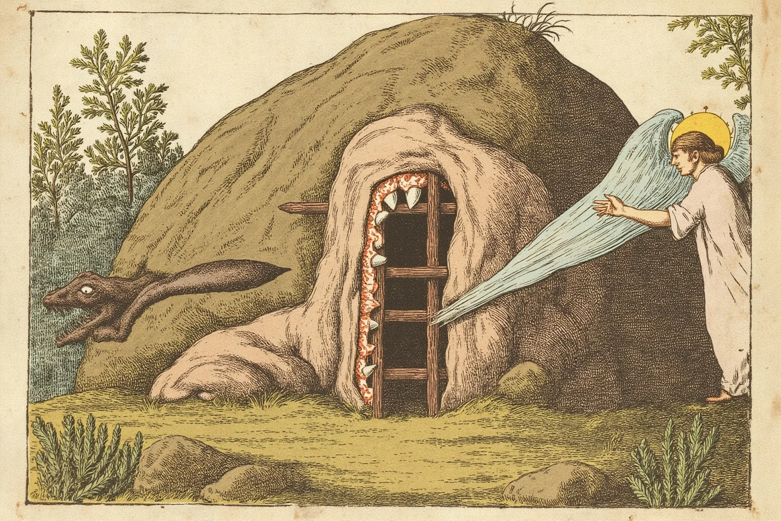 22 Creepiest Pieces of Medieval Art (And the Strange History Behind Them) 7 A medieval manuscript illustration of a giant fanged monster mouth set into a rocky hill, with an angel locking its gate