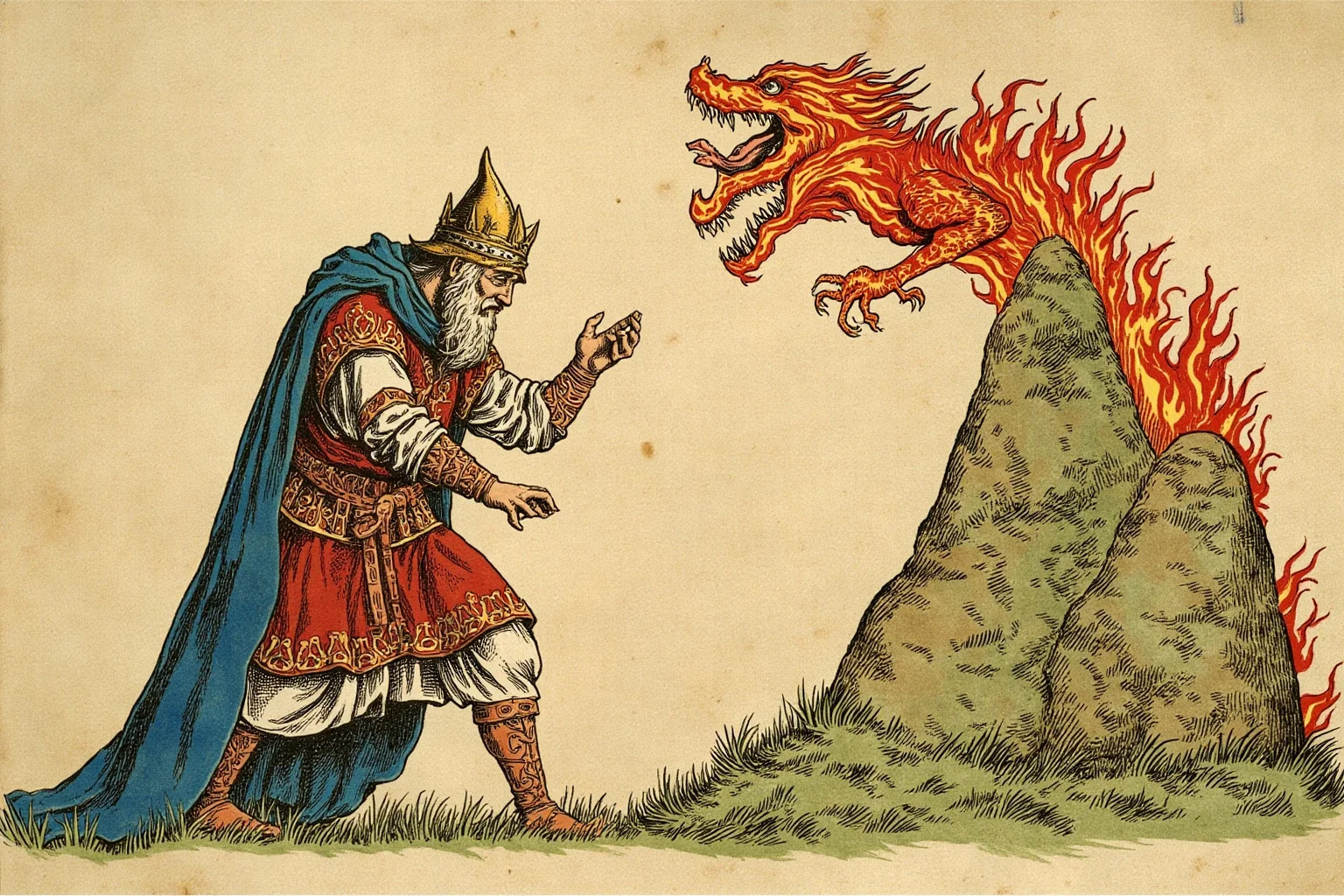 Famous Dragons Throughout History: Myths, Legends, and the Real Stories Behind Them 12 A medieval manuscript-style illustration of an aging warrior facing a fire-breathing dragon by a burial mound