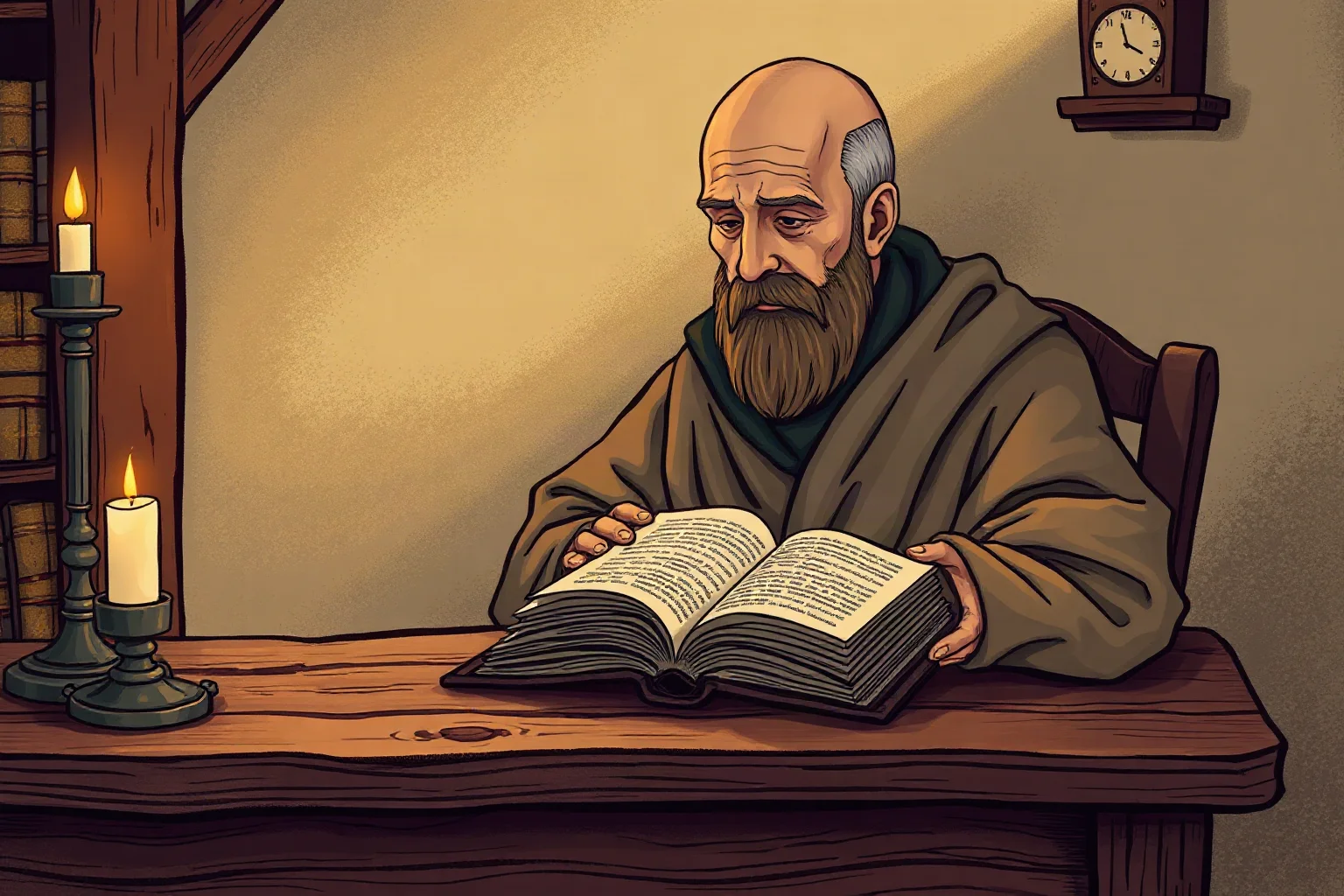 A medieval monk chronicler seated at a wooden desk with an open manuscript book, warm candlelight, illustrative style