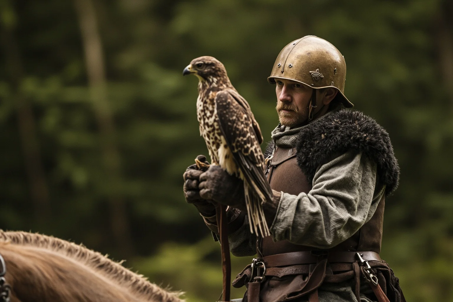 A medieval noble on horseback with a falcon on his gloved arm in a forest clearing
