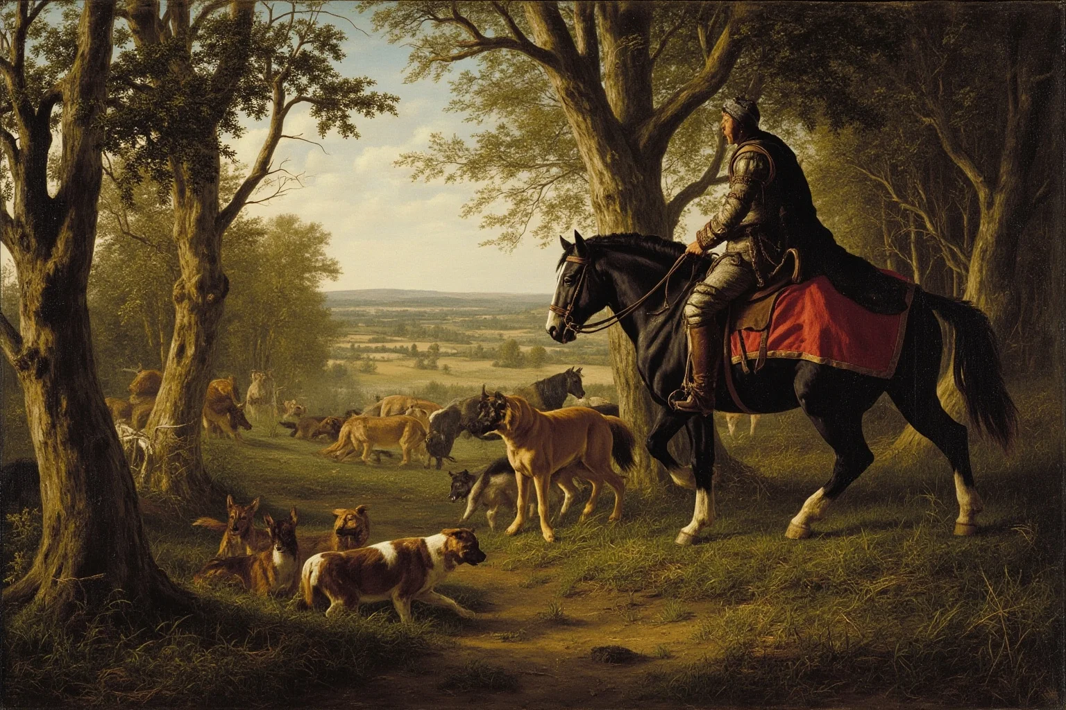 A medieval nobleman on horseback hunting deer in a forest with hounds