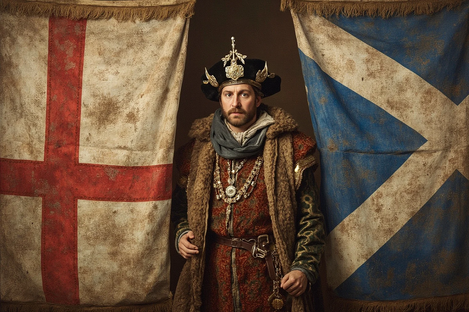 The Real Braveheart: The Story of How Robert the Bruce Freed Scotland 6 A medieval nobleman standing between two banners, one English and one Scottish, symbolizing divided loyalty