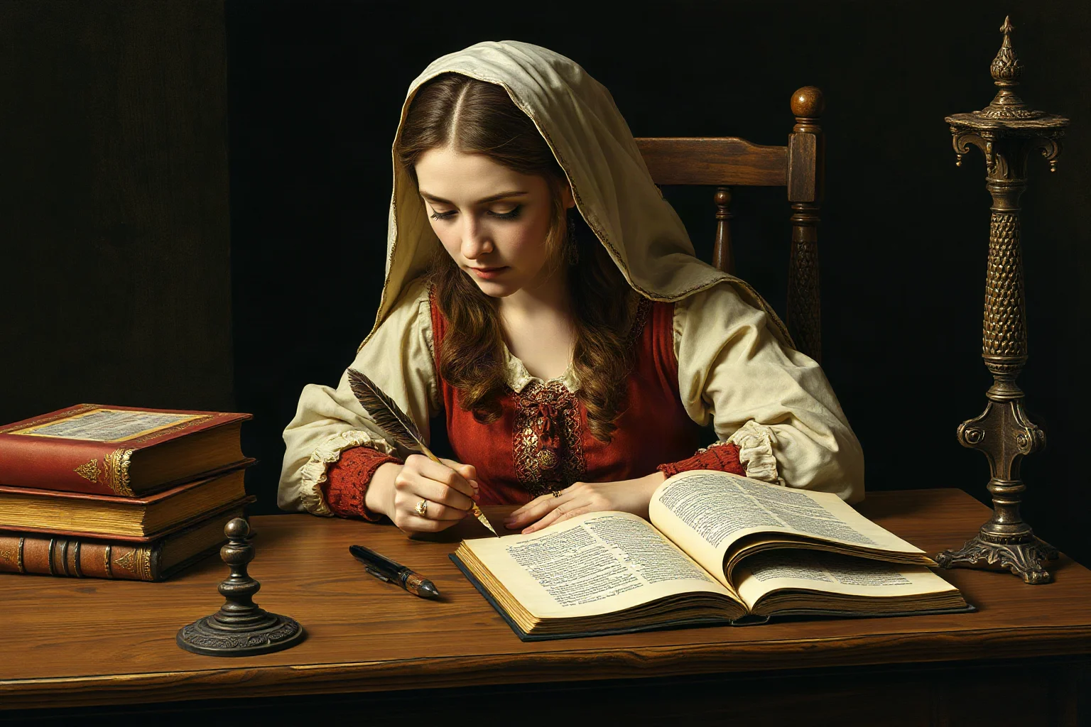A medieval or early Renaissance woman writing at a desk with parchment and quill, challenging misogynistic texts with her own scholarly work