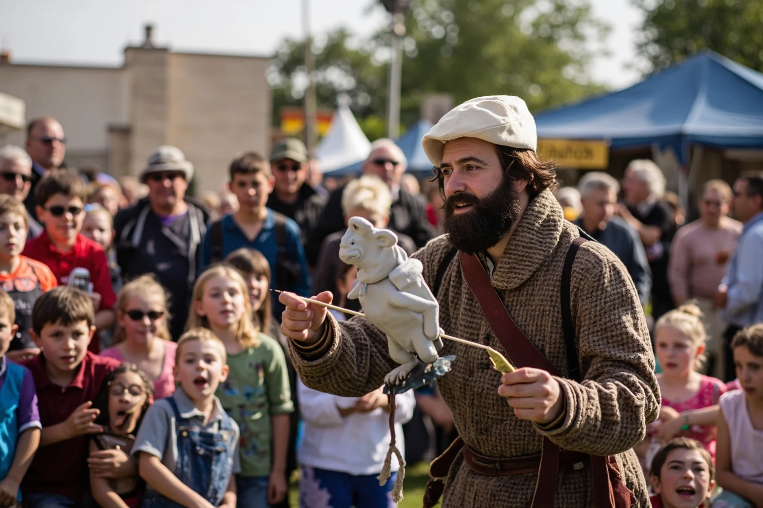 A medieval puppeteer entertaining a crowd of children and adults at an outdoor fair