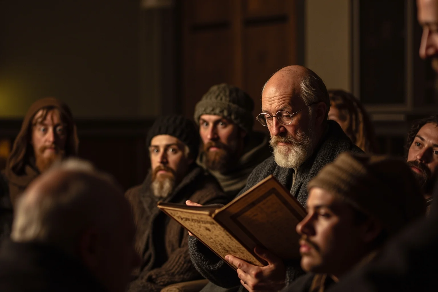 A medieval scholar reading aloud from a manuscript to a small gathered group indoors